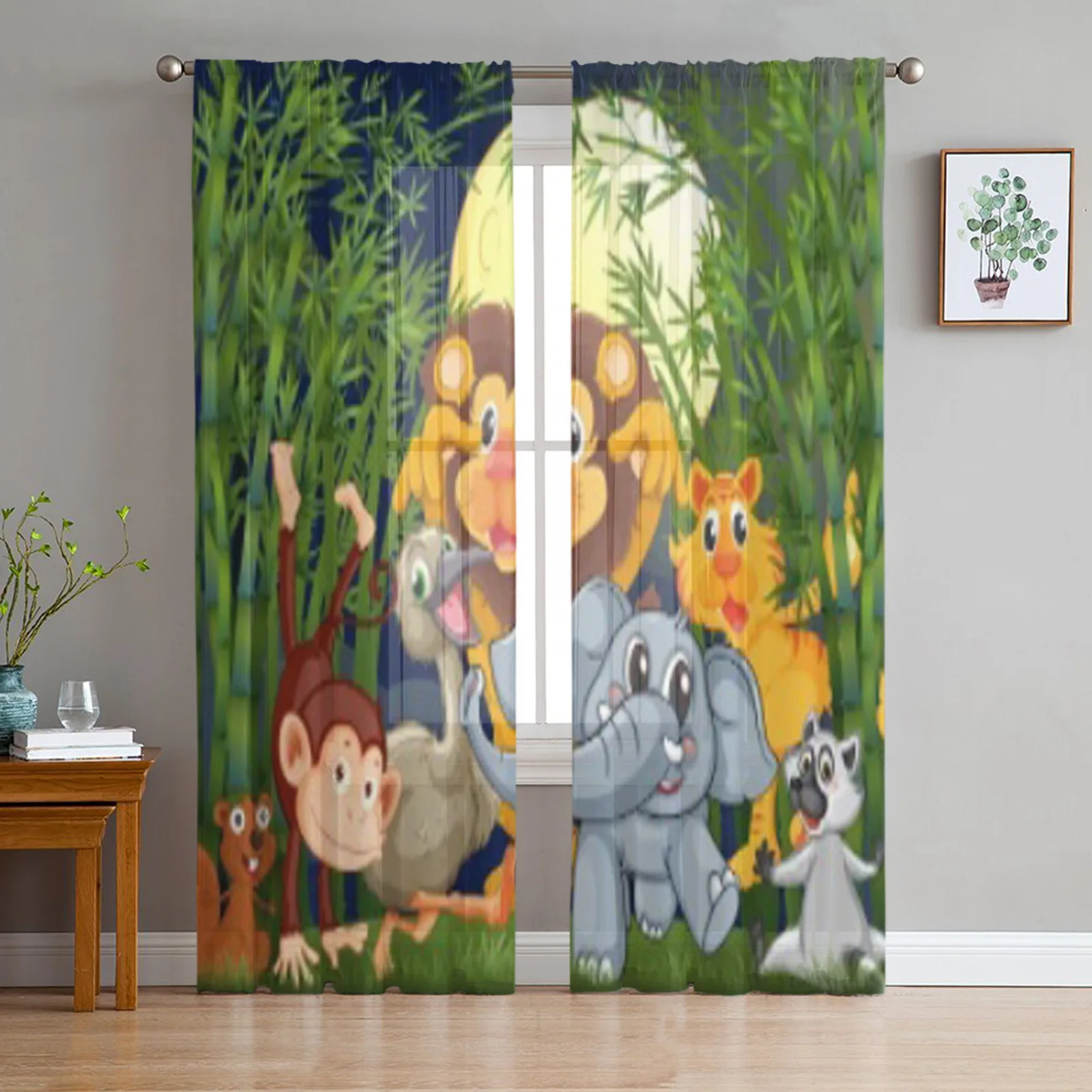 Illustration Of A Rainforest With Animals Strolling In The Middle Of The Night Sheer Tulle Window Curtains Voile Drape