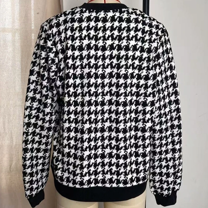 2025 خريف موضة جديدة سستة houndstooth سترة فضفاضة ضئيلة معطف فوقي غير رسمي للنساء