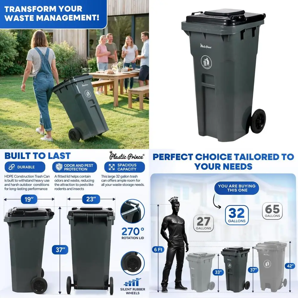 

Прочный уличный мусорный бак на колесах объемом 32 галлона с крышкой, подходит для дома, больниц и ресторанов