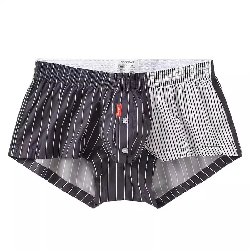 SEOBEAN Men's Boxer Shorts Contrast Color Striped Cotton Underwear Button Design Breathable Comfortable Trunks Pajama Shorts