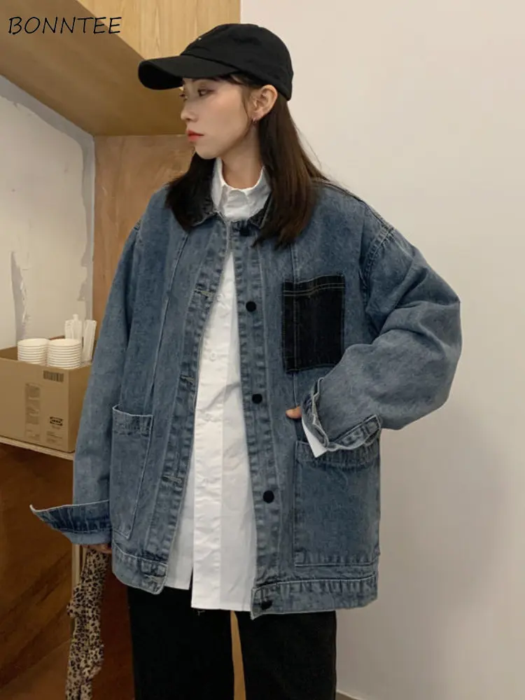 

Jackets Women Loose All-match Simple Retro Creativity Korean Style Autumn Fashion Patchwork Denim Elegant Daily Students Casual