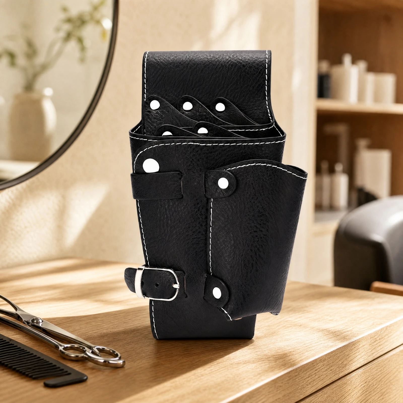 Adjustable Wearable Strap Hair Stylist Tool Pouch for Scissors and Combs PU Leather Waist Organizer with Snap Closures for Work