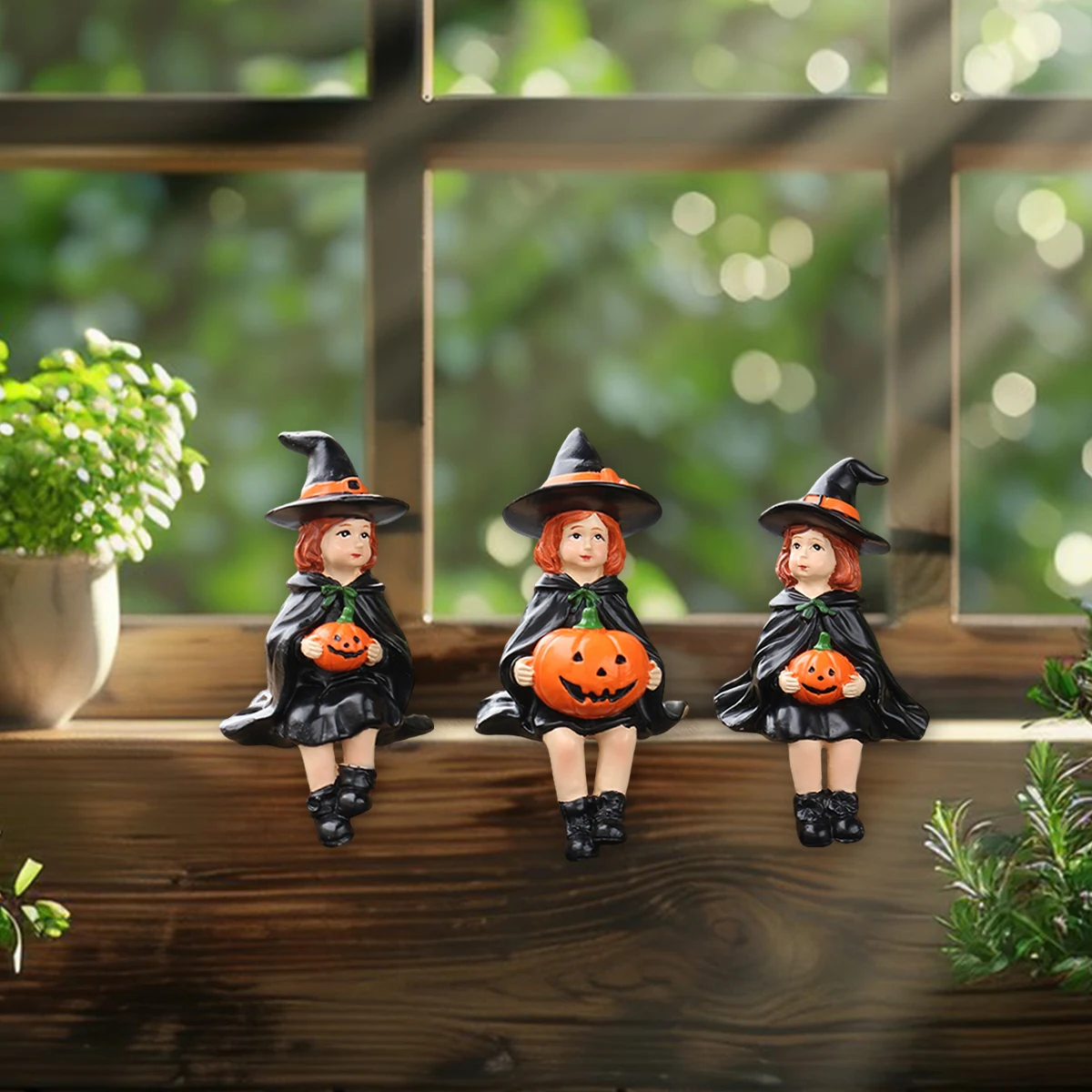 3 handmade vintage resin witch statues - Halloween, Christmas, Thanksgiving, Easter decorations, tabletop ornaments, indoor/outdoor home decor, no electricity required