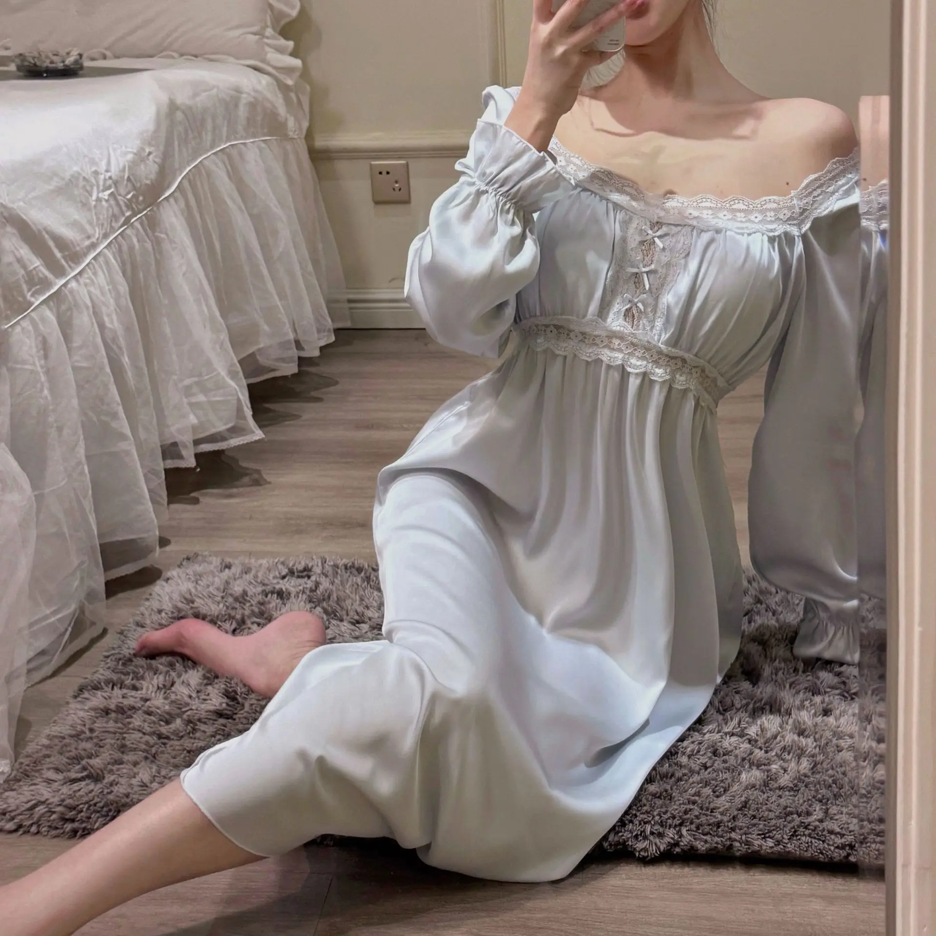 Long Sleepwear Silk Satin Nightdress Princess Style Nightgown Sexy Lace Trim Lingerie Casual Loungewear Women Loose Homewear