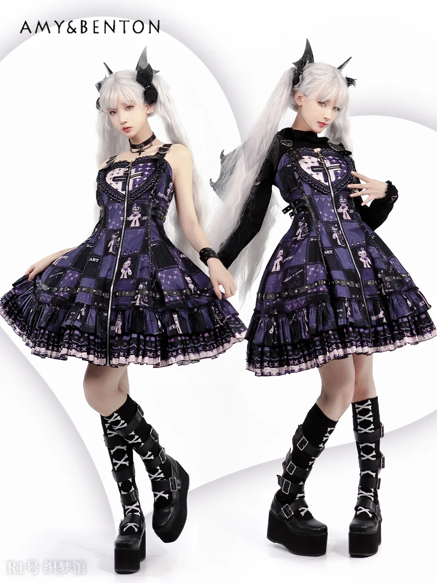 

Gothic Cartoon Print JSK Lolita Dresses Summer Subculture Sweet Loving Heart Zipper Multi-Layer Dress Princess Ball Gown Dress