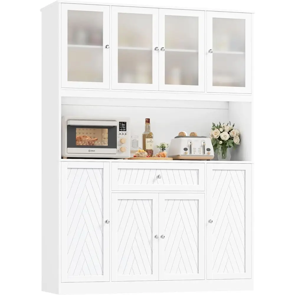 

Широкий шкаф-буфет 72 дюйма с дверцами и ящиками, кухонный шкаф 55,1 дюйма с столешницей, белый шкаф для хранения для столовой