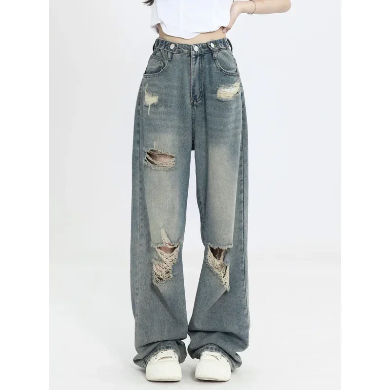 

Autumn New High Waist Loose Slim Jeans Women American Retro Holes Jeans Female Blue Street Casual Chicly Jeans Woman