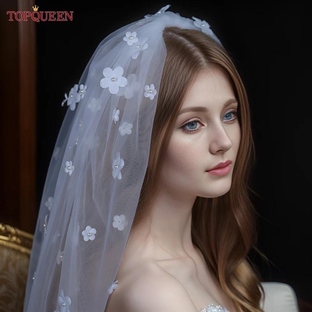 

TOPQUEEN V80 Short Wedding Veil 3d Flowers Elegant Bridal Veils with Little Daisy First Communion Girls Veil