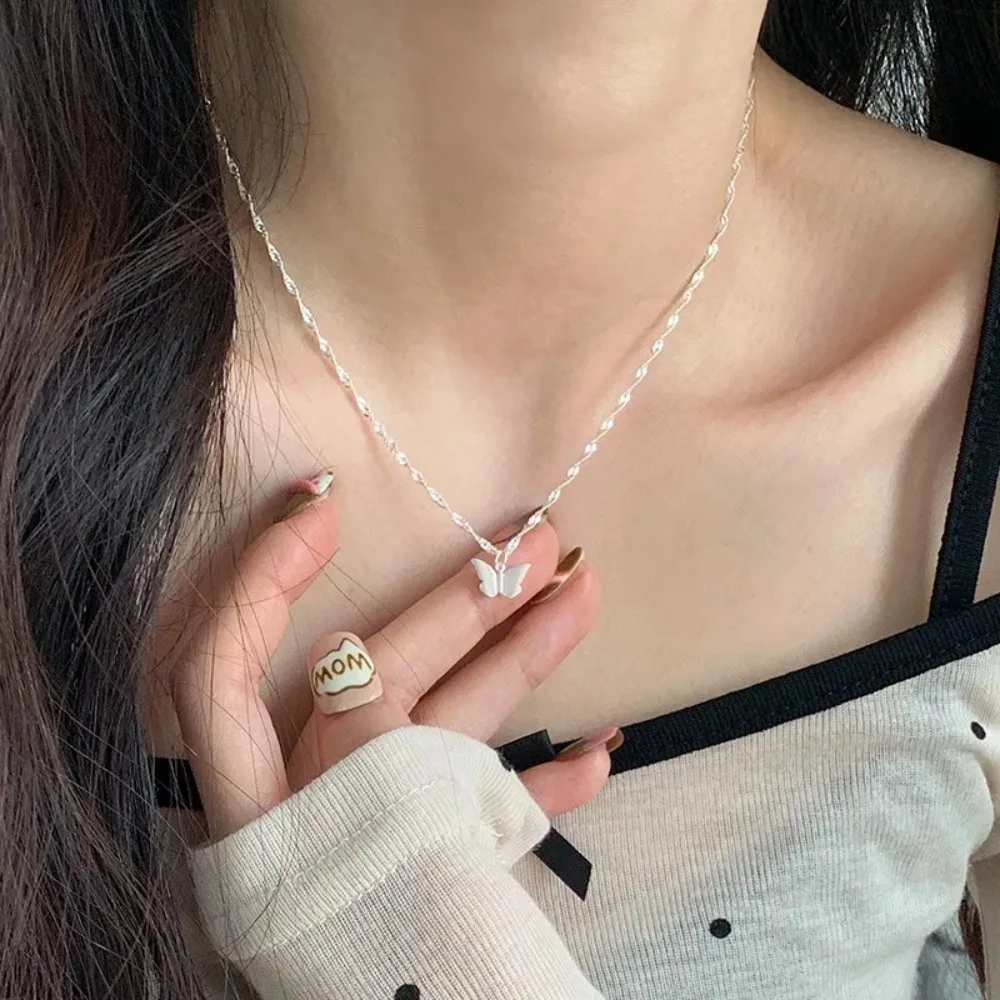 Cute Sweet Sterling Silver Little Butterfly Pendant Choker Necklace for Woman Y2k Collarbone Chain Jewelry Accessories Colorfast