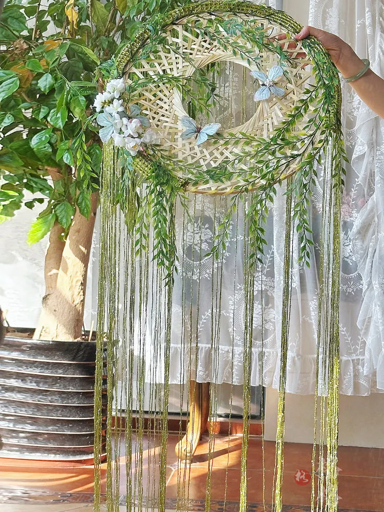 Grid room * twelve cups of tea joint model [Willow leaf hat] Hanfu butterfly bead chain fringed curtain hat ancient style