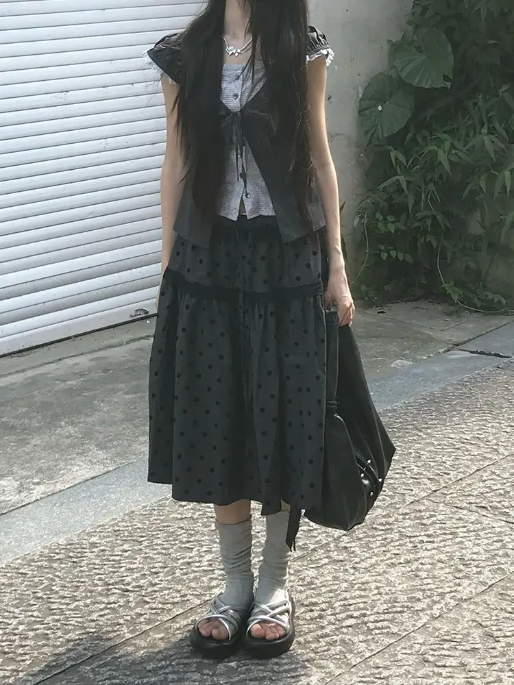 Y2K Sweet Polka Dot Tiered Midi Skirt Women Casual High Waist Lace Trim Pocket A Line Skirt Japanese Kawaii Elegant Streetwear