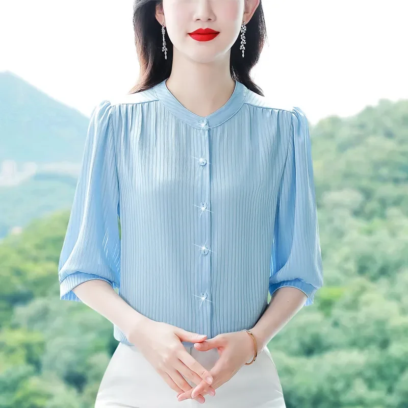 

Women's Stand Collar Chiffon Shirt Summer New 3/4 Sleeve Blouse Loose Slim Elegant Top