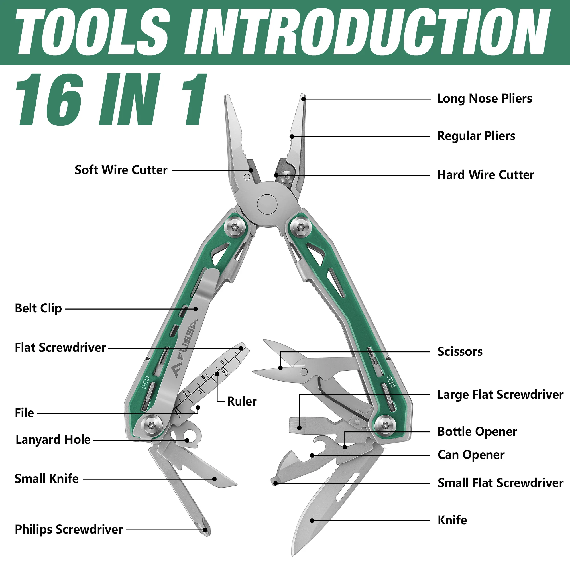 FLISSA Multi Tool Pliers 16 in 1 Stainless Steel Multipurpose tool with Tactical Multitool Knife Screwdrivers Saw Bottle Opener