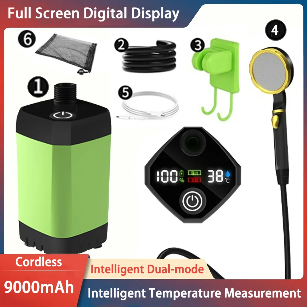 

Портативный беспроводной электрический насос для душа высокой емкости 9000 мАч, двойной режим, энергосберегающая, для кемпинга, пешего туризма, беспроводная насадка для душа