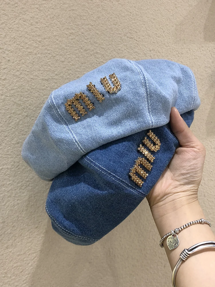 Rhinestone Letter Women Beret Hat Fashion Casual Spring Street Chapeu Feminino Denim Cotton Summer Artist Painter Cap Sun Hat