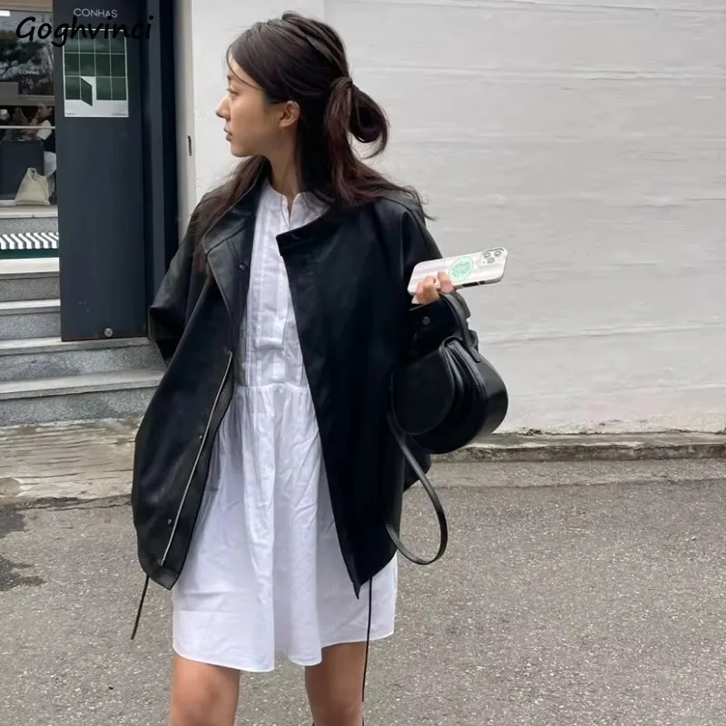 

Black Jackets Women Casual Motorcycle Leather All-match Autumn Coats American High Street Loose Vintage Korean Fashion Zipper
