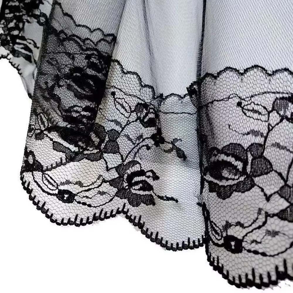 Gothic Two-Tier Lace Veil Black Lace Edge Headpiece Veil Floral Lace Trim Head Veil For Halloween Cosplay