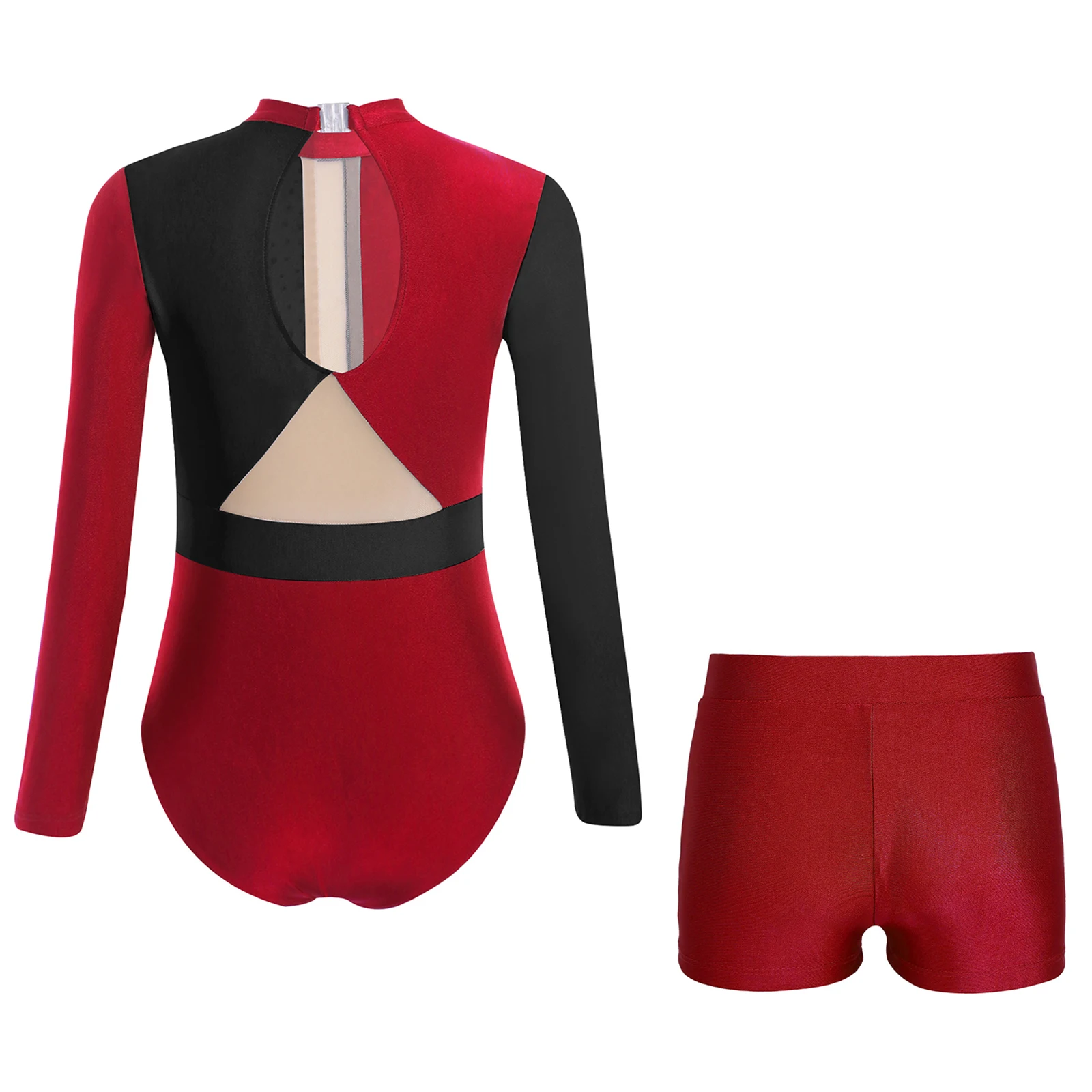 Girls Gymnastics Outfit Long Sleeve Keyhole Back Bodysuit Patchwork Sparkly Rhinestones Leotard Figure Skating Dance Jumpsuits