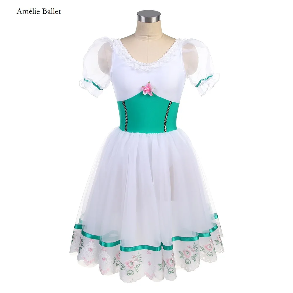 

24058 New Ballet Costumes Puff Sleeves Green & White Romantic Ballet Tutus Adult Girls Stage Performance Dancing Costumes