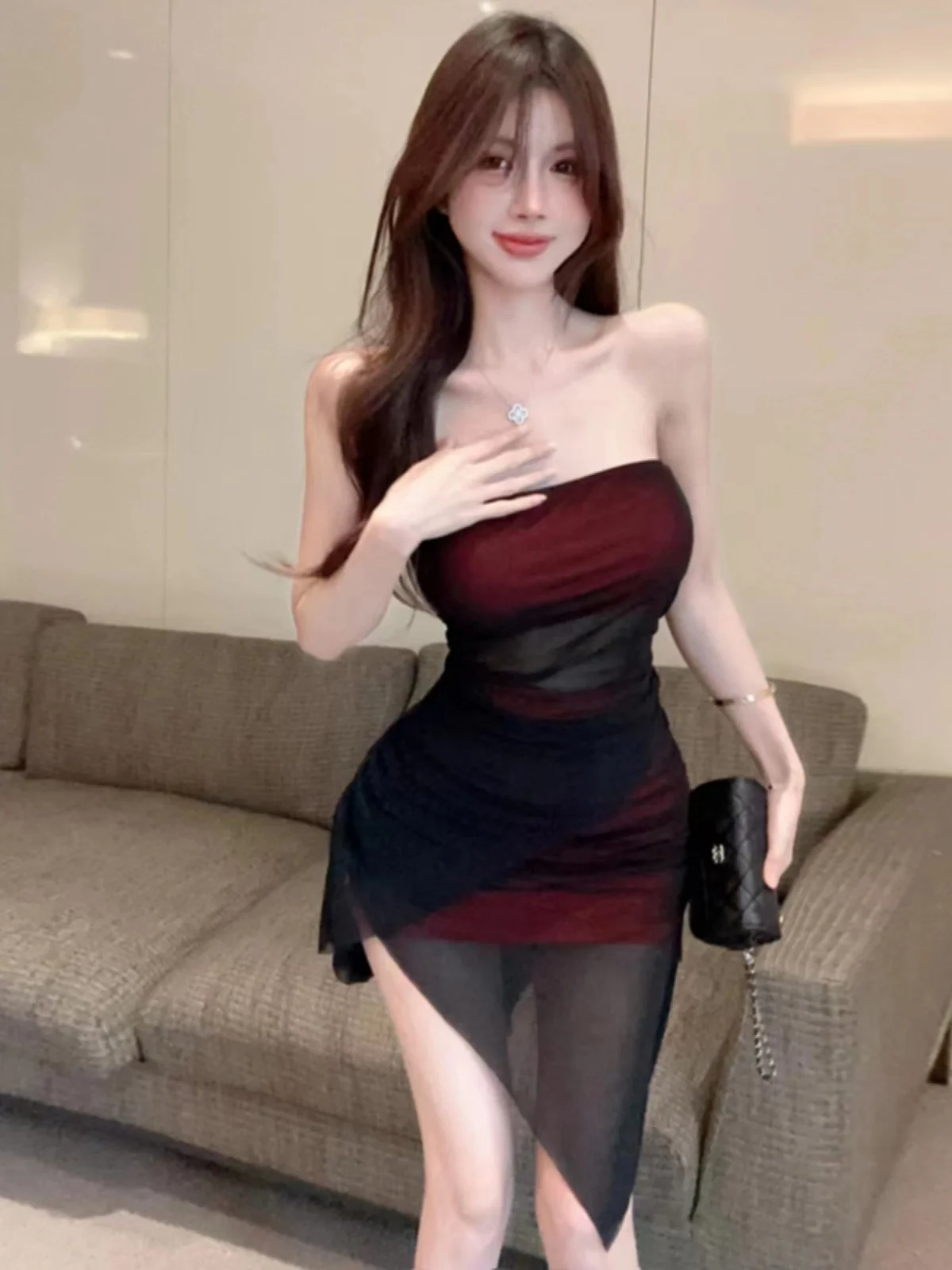 Sexy Dark Style Spicy Girl Mesh Hollow out Tube Top Dress Nightclub Backless Double Layer Slim Fit Butt Covering Dress Women
