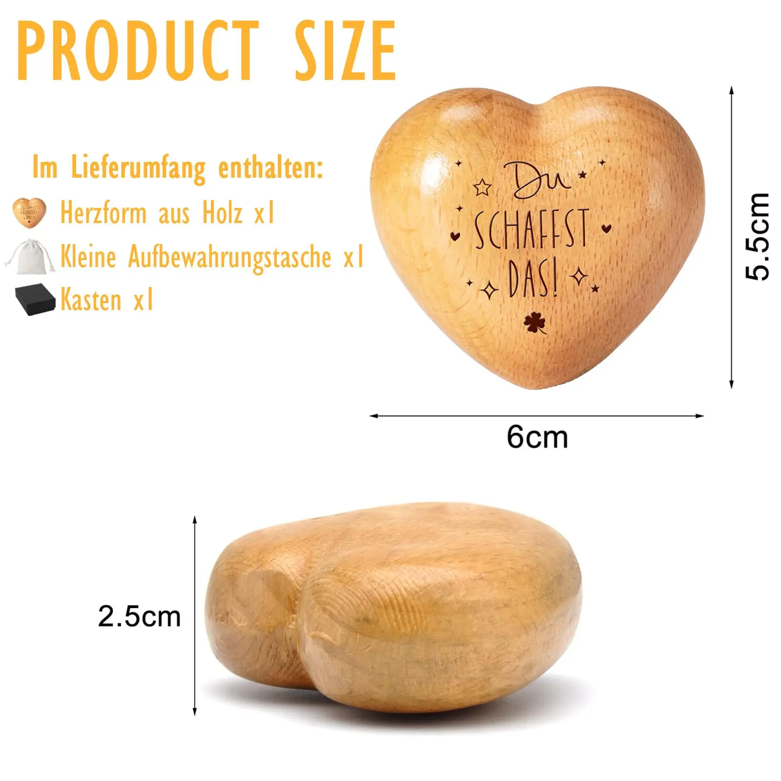 Worry stone lucky charm - wooden heart with engraving - Du schaffst das! | courage gift, guardian angel, get well soon gifts
