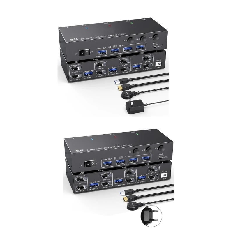 

8K USB3.0 Displayport KVM Switchs 2Monitors 3Computer for Easy Device Management