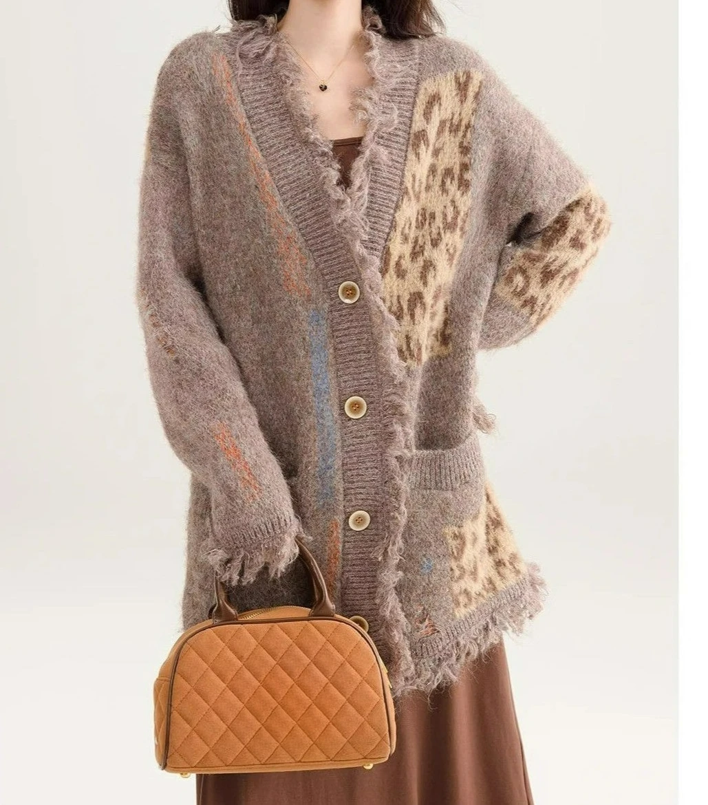 Cárdigan suelto de punto empalmado para mujer, suéter con diseño de leopardo grueso Vintage, abrigo para otoño e invierno