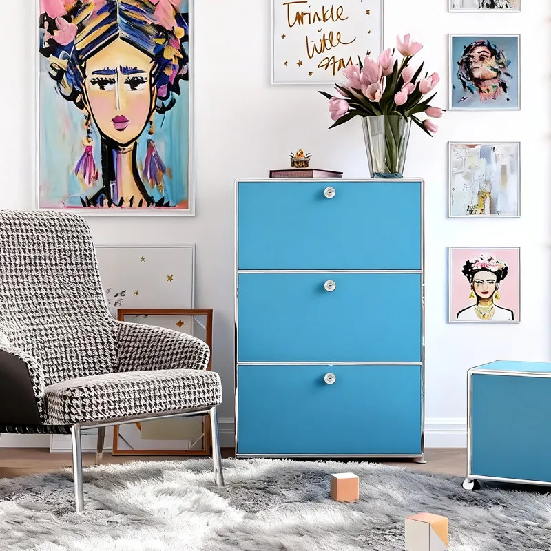 Three-bucket cabinet, living room, bedroom against the wall, medieval storage, stainless steel modular side cabinet