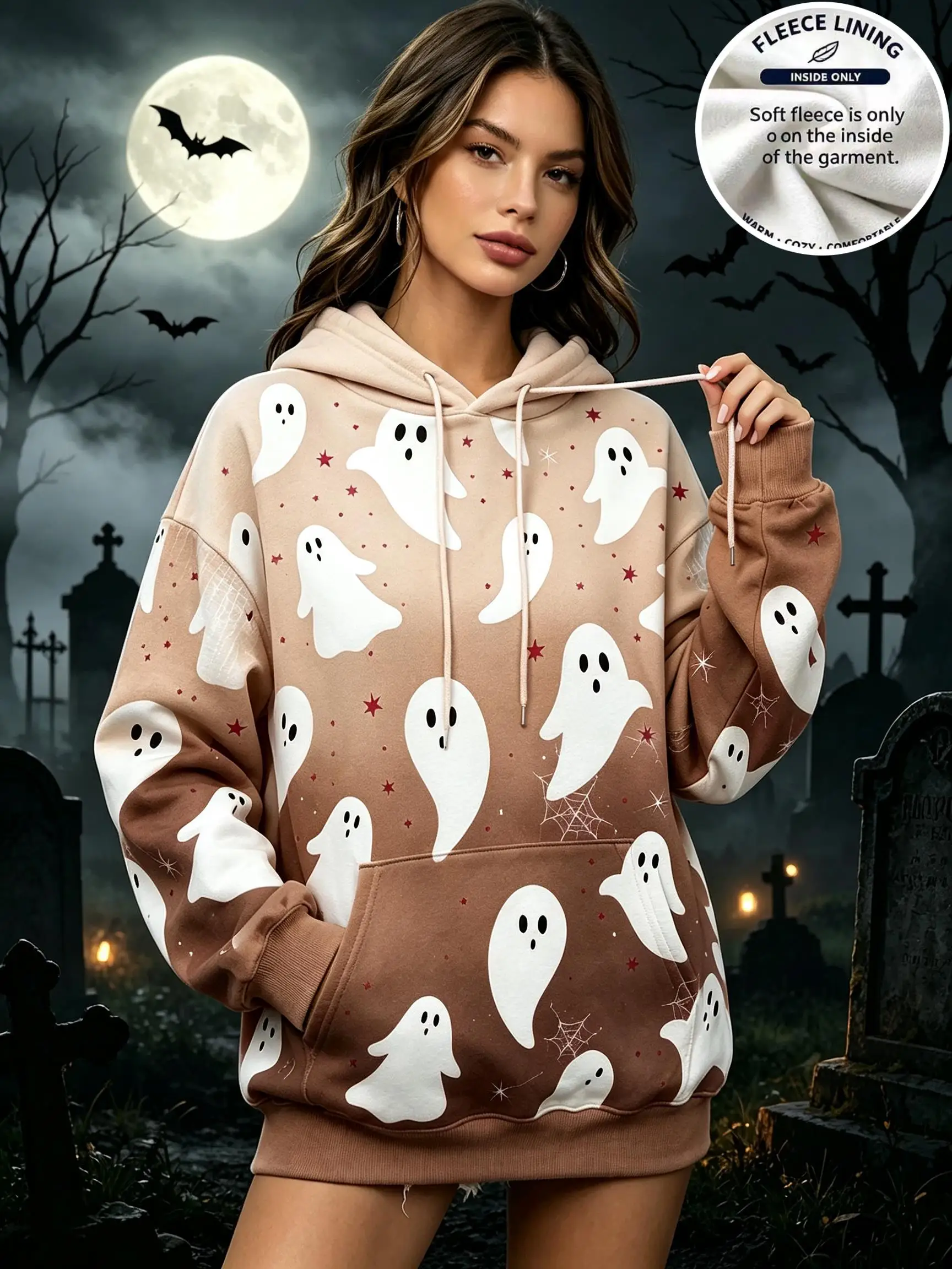Women Gradient Blue Halloween Ghost Print Hoodie Warm Fleece Lined Drawstring Pocket Long Sleeve Pullover Sweatshirt
