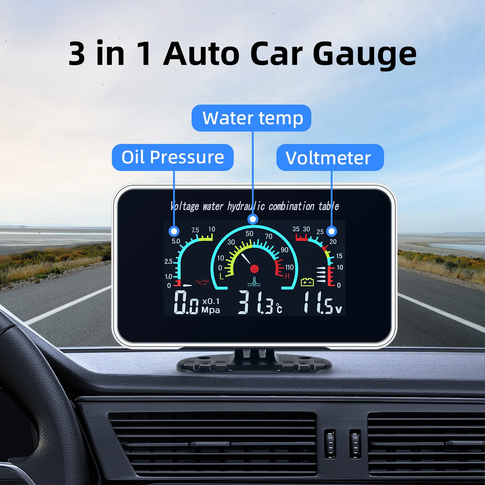3 v 1 LCD auto digitální olej měrný tlak měrka voltmetr voda temp měřič 1/8 NPT olej měrný tlak senzor + voda teplota senzor 10mm
