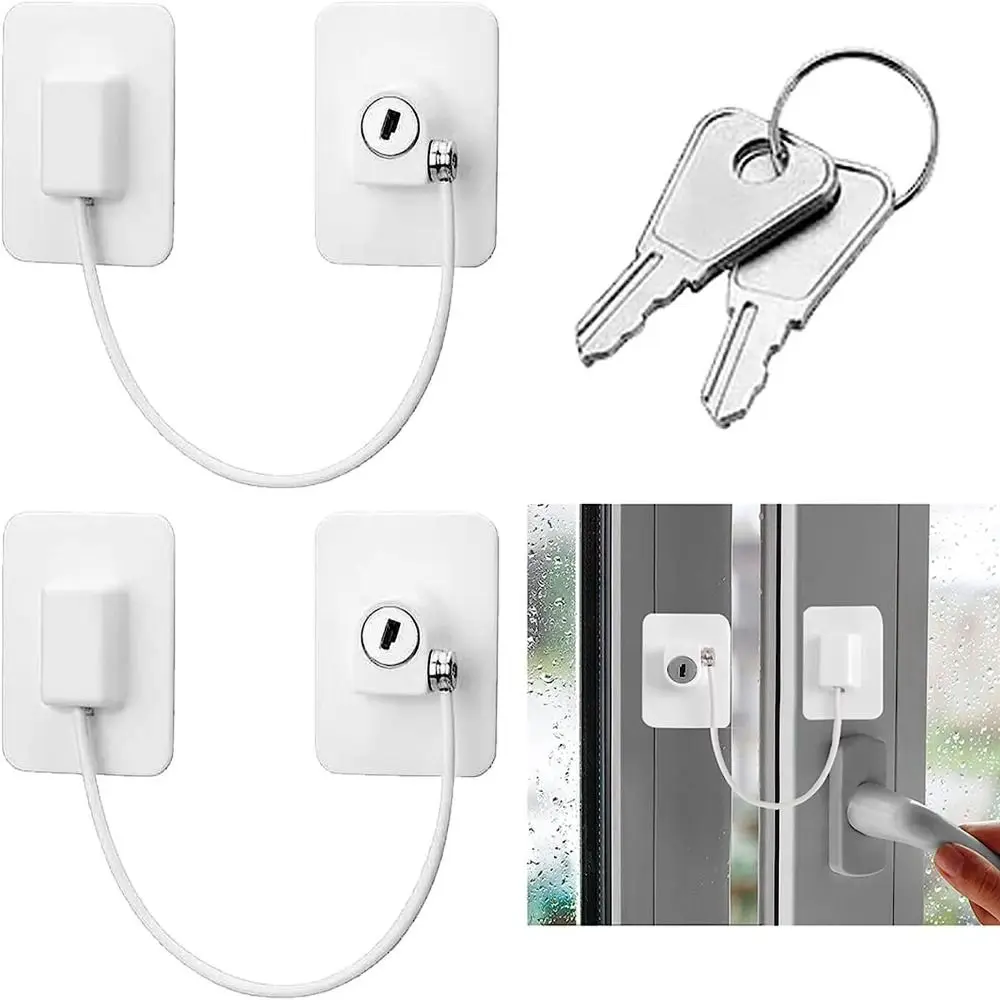 

Window Safety Lock Child Window Restrictors Self Adhesive No Drilling Window Locks Child Safety Cable Lock with Key