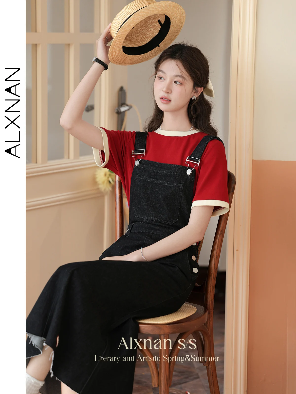 ALXNAN Women Black Denim Overall Dresses 2024 Sweet Fashion Slash Neck Wide Strap Slant Pockets A Line Midi Dress Clothes L35207