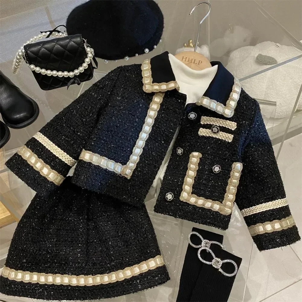 2023 Girl 2 Piece Tweed  Coat+Skirt Kids Classic Outfits Set Winter Suit Clothes for 1-10Years Children's Cotton Padded Jacket