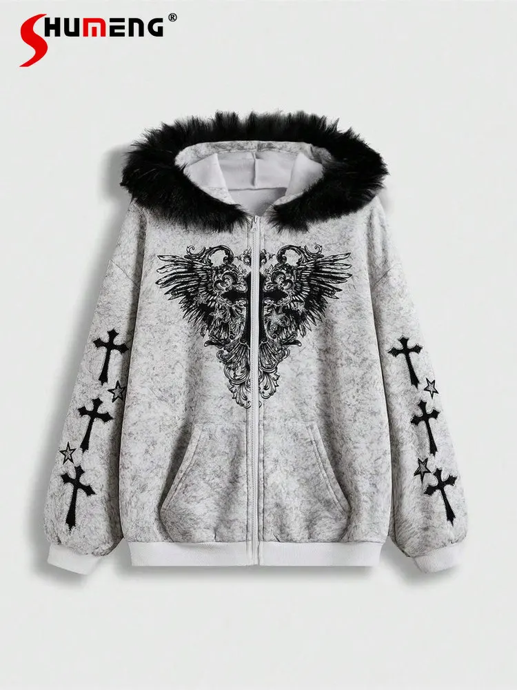 

New Spring Subculture Punk Y2K Fur Collar Hooded Sweatshirt Jackets Women Spring Japanese Long Sleeve Loose Elegant Hoodies
