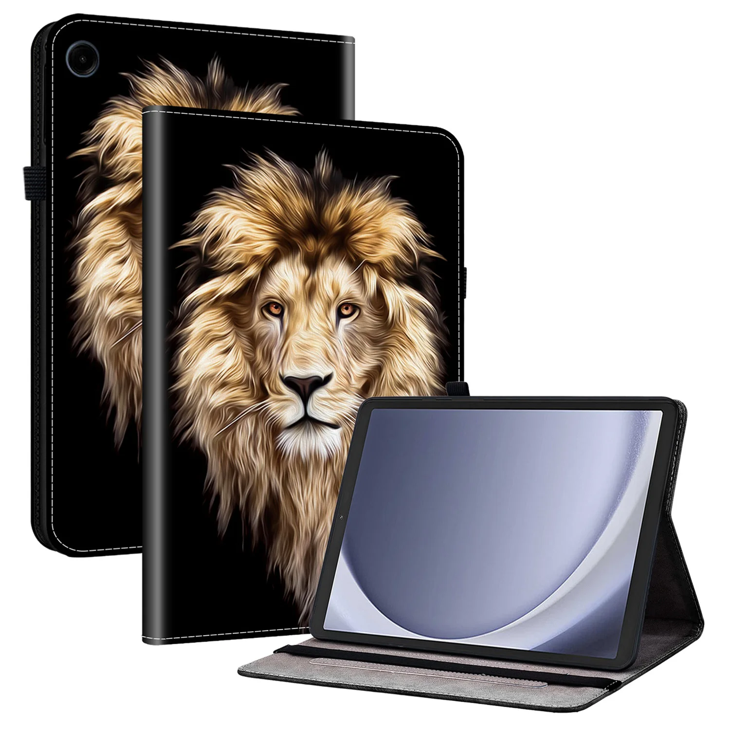 

For Samsung Galaxy Tab A9 Leather Case Pattern Printed Stand Tablet Cover with Card Slots - Lion Head