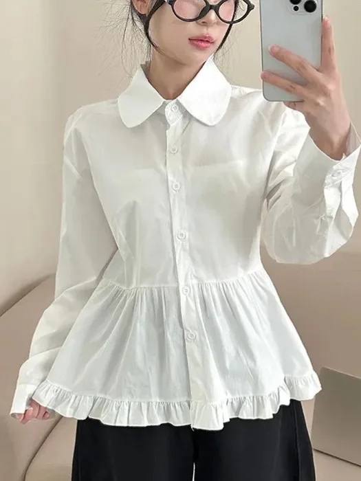 

Spring New Chic Fashion Women's Shirt Collar Long Sleeve Single Button Doll Collar Versatile Korean Style Polyester Fiber Shirt