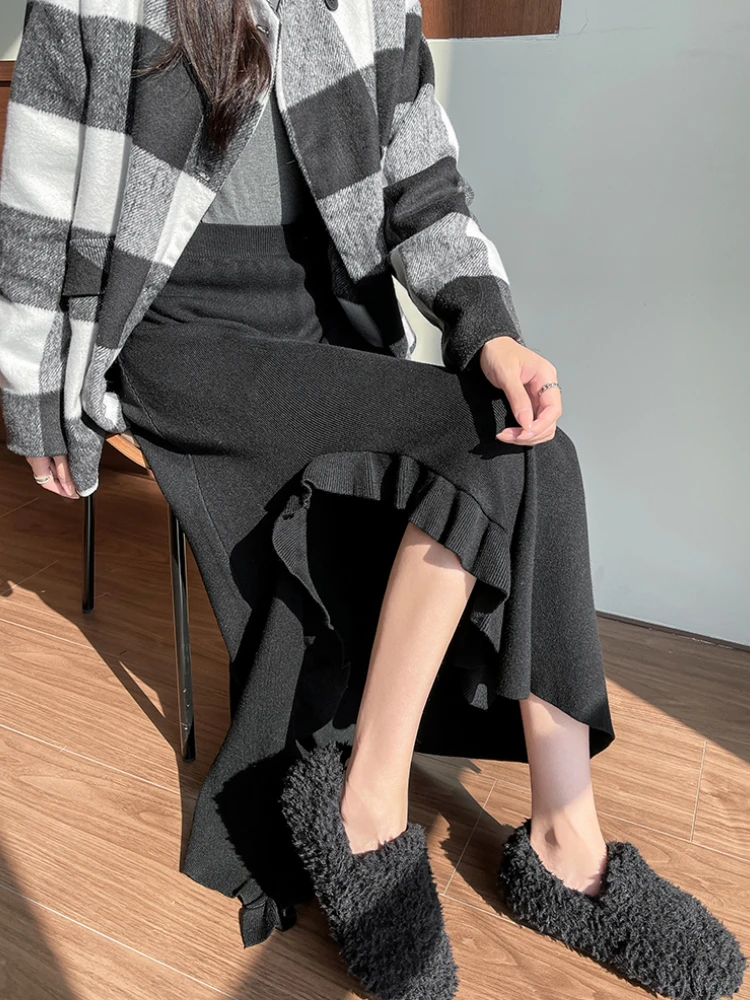 Stringy Selvedge Knitted Skirts for Women Autumn and Winter High Waist Mid Length Skirt Korean Fashion Black Split Long Skirts