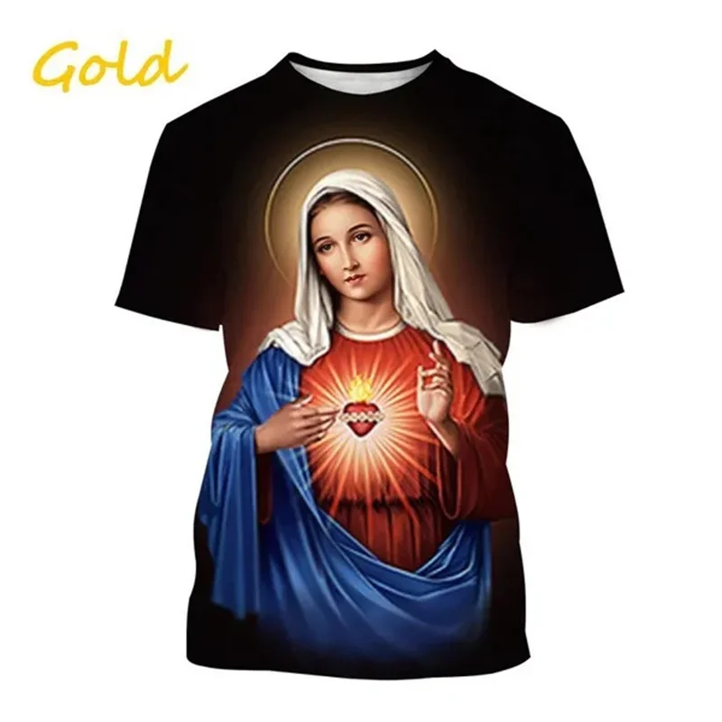 Virgin Mary T Shirt Goddess Of Mercy 3D Print T-Shirt Christian Blessed Jesus God Tee Shirts Women Clothing Unisex Short Sleeves