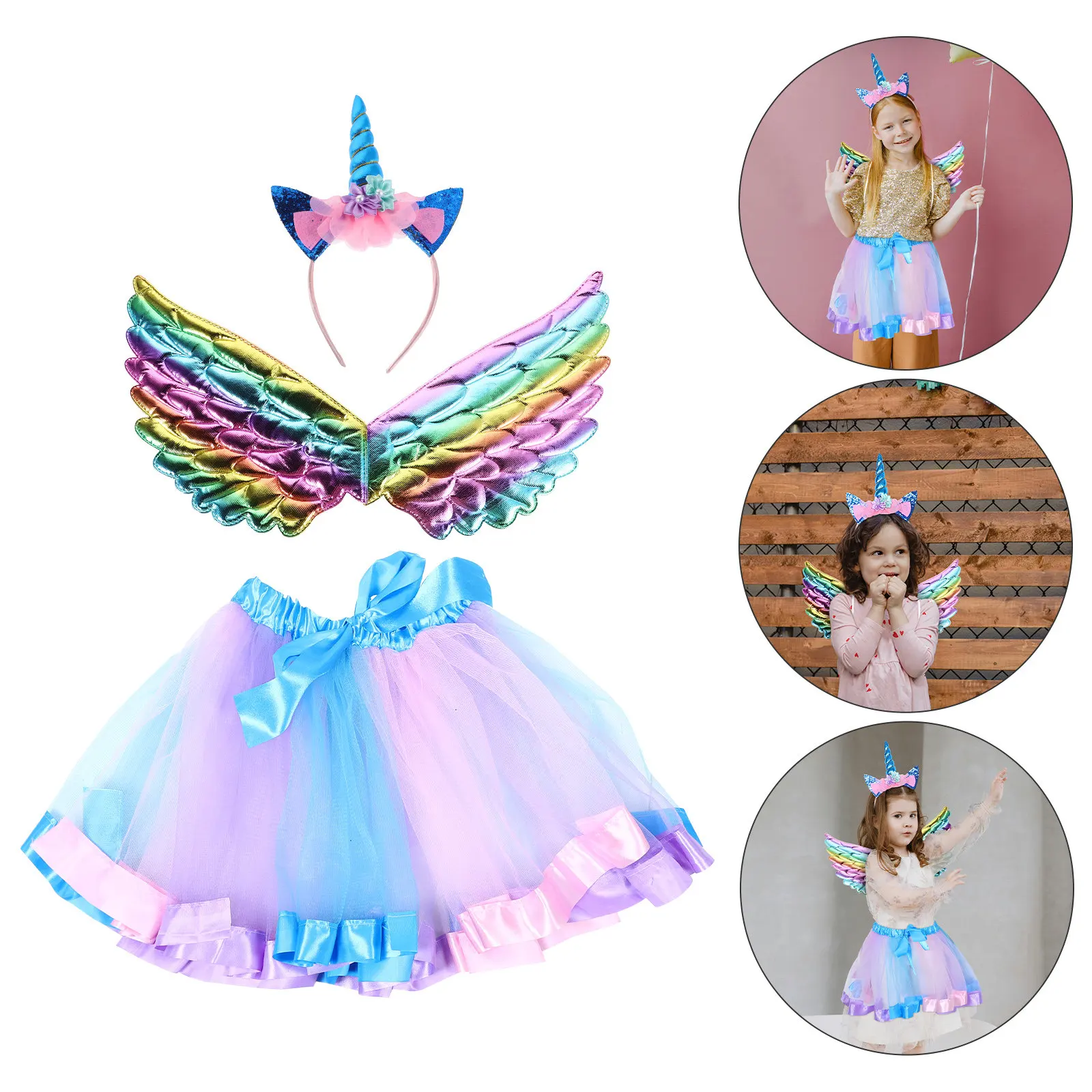Unicorn Headband Wings Set Vibrant Birthday Tutu Dress Kids Halloween Cosplay Party Performances Animal Costumes for Kids