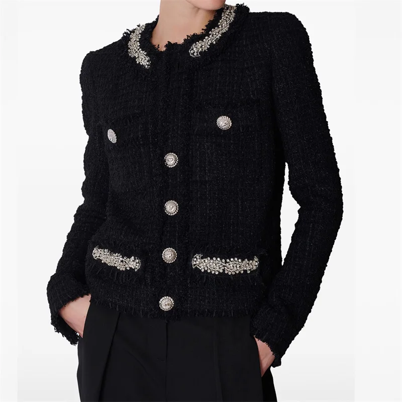 Women's winter jacket 2024 New in outerwears Handmade rhinestone nail bead long sleeved top Metal button decoration Women's coat