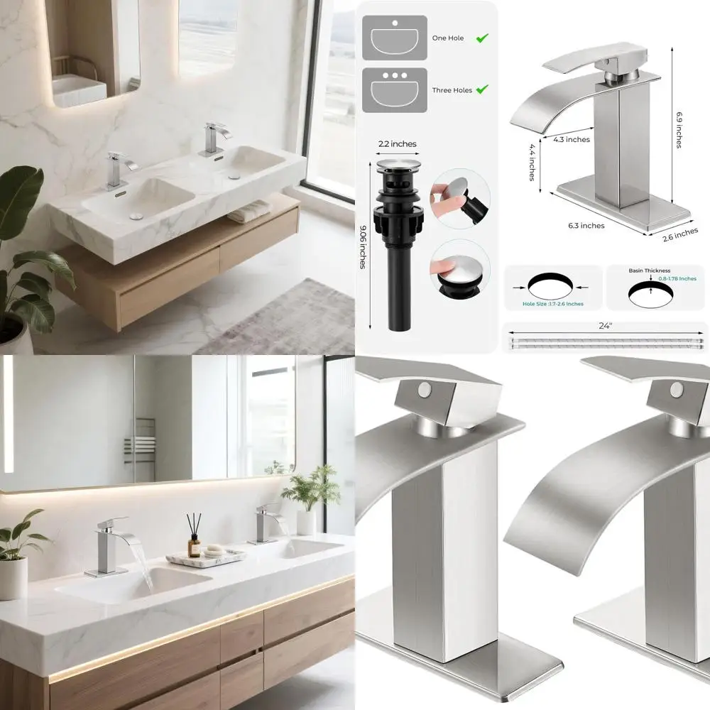 

Modern Single Handle Brushed Nickel Bathroom Sink Faucet with Pop-up Drain, Suitable for 1 or 3 Hole Installation