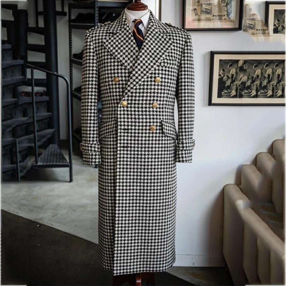 

Tailor-Made Chic Men's Suit Jacket White And Black Houndstooth Luxury Long Coat Double Breasted Classic Elegant Male Blazer