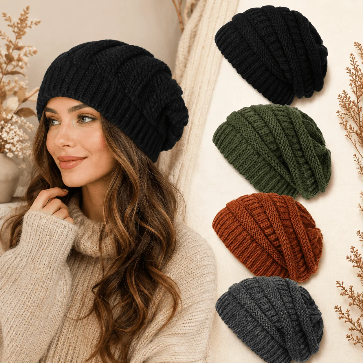 Chunky Cable Slouchy Beanie Hat - Adjustable Stretch Oversized Baggy Cap, Soft Warm Winter Hat,Suitable for Cold Weather,Casual