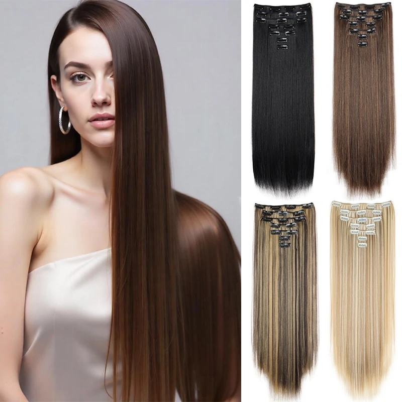 

Synthetic 24Inch Clip In Hair Extensions 7pcs/set Hair 16 Clip Extensions Long Straight On Hairpieces for Women Girls