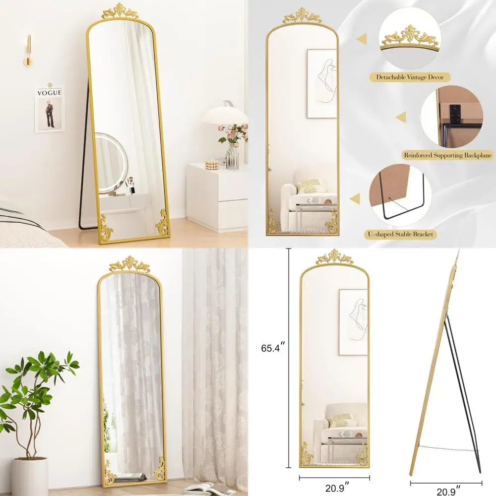 مرآة بإطار معدني منحوت باللون الذهبي مقوسة بطول كامل، قائمة على الأرض 65 × 21، ديكور منزلي ومرآة كاملة للجسم لحفلات الزفاف