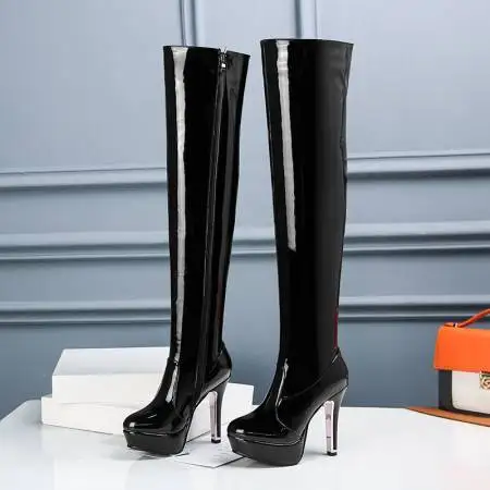 Patent PU leather red black womens overknees platform thin high heels booties big size 46 woman over-the-knee boots