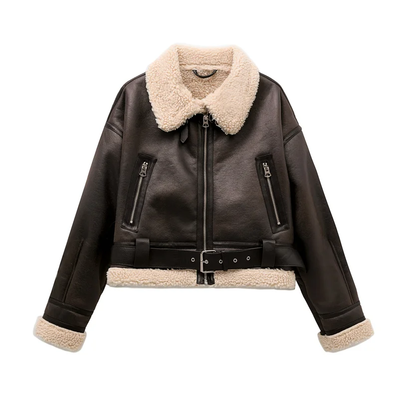 Neue Damenmode Dicke Warme Kunstfell-Jacke Vintage Langarm Mantel mit Gürtel für Frauen – Detail 2