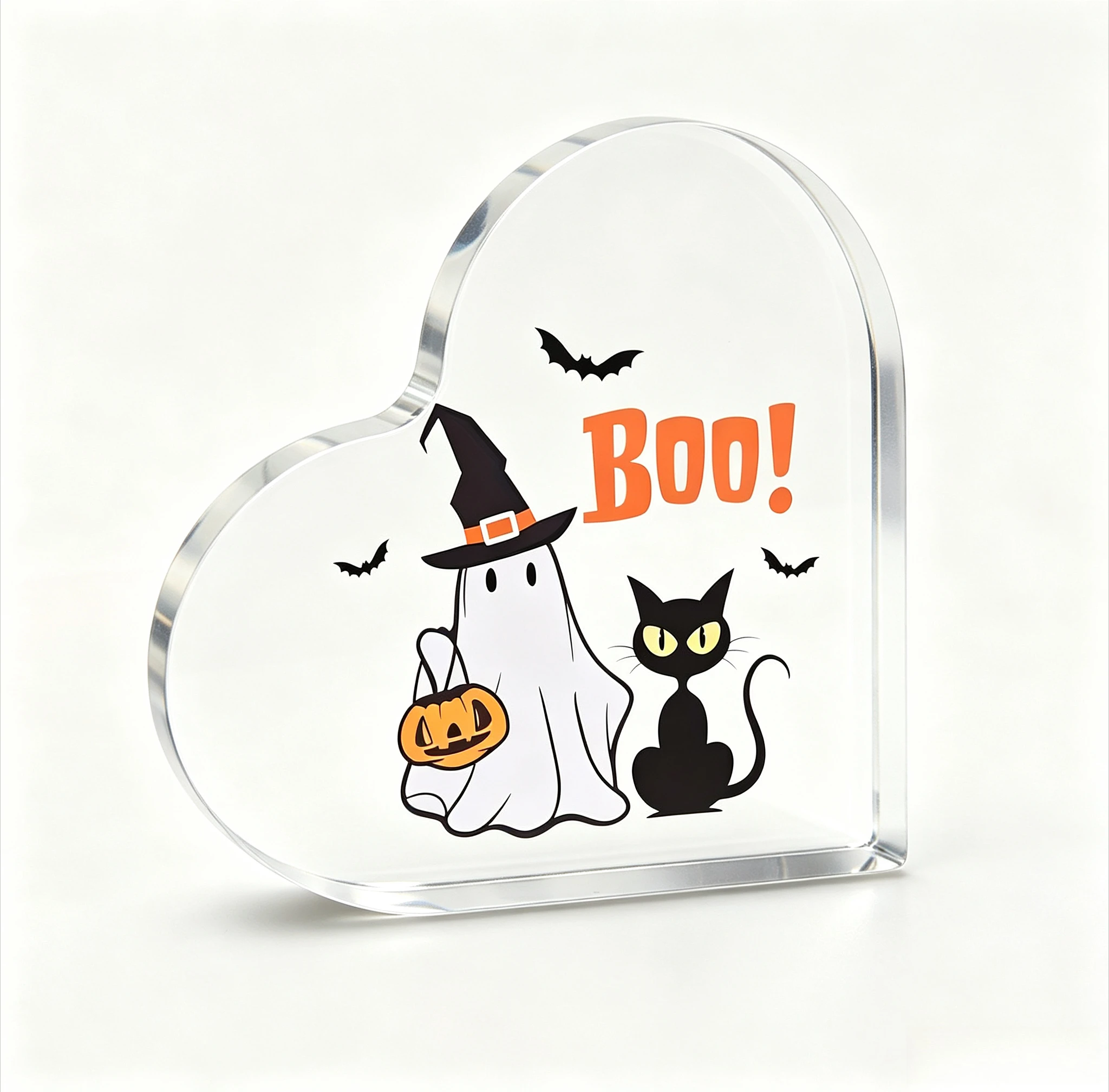 Heart‑Shaped Acrylic Plaque Boo! Ghost In Witch Hat Black Cat Pumpkin Candy Bucket Bat Print Freestanding Table Ornament Cute Halloween Desk Shelf Home Decor Spooky‑Season Decoration Gift