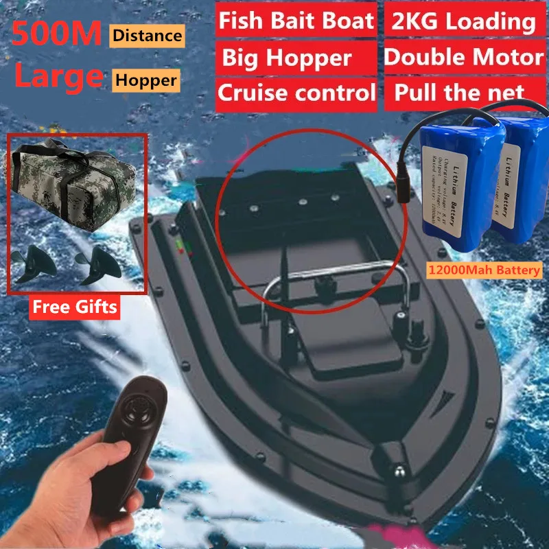 500M RC Distance Double Motor Cruise control Remote Control Fishing Bait Boat With 12000mah battery Large Hopper Pull the net