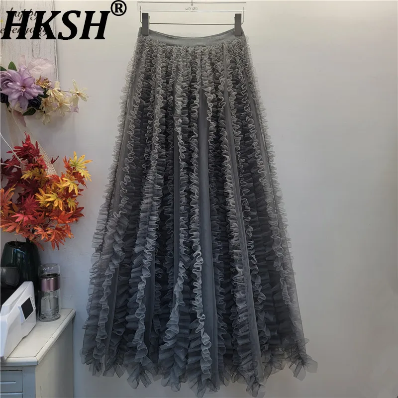 HKSH 2026 Spring Autumn New Women Skirt Ruffled Mesh French Elegant Versatile Elastic Waisted A-line Sweet Trendy Skirts HK17644